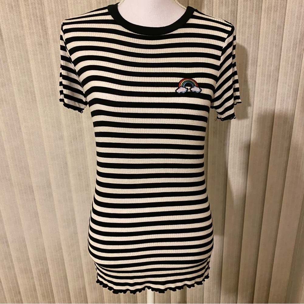 Midnight Hour Black & White Striped Rainbow Embroidered Patch Lettuce Trim Shirt